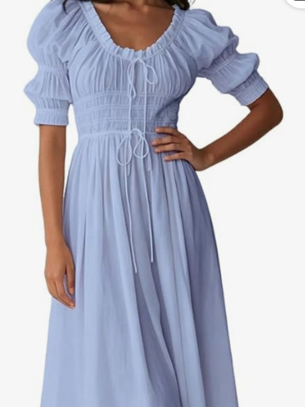 Chunersha Cotton Puff Sleeve Midi Boho Blue Dress, S